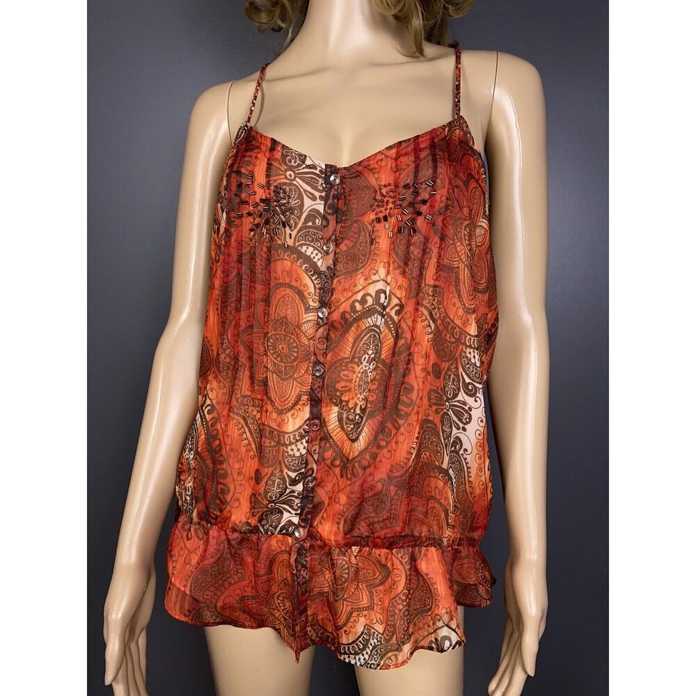 LC Lauren Conrad Womens Large T Back Racerback Blouse Tank Top Paisley Orange